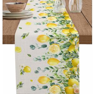 Lemon Table Runner 13x72 inch, Retro Watercolor Farm Fruit Eucalyptus Leaf Dinning Table Runner for Farmhouse Wedding Party Barbecue Table Decor