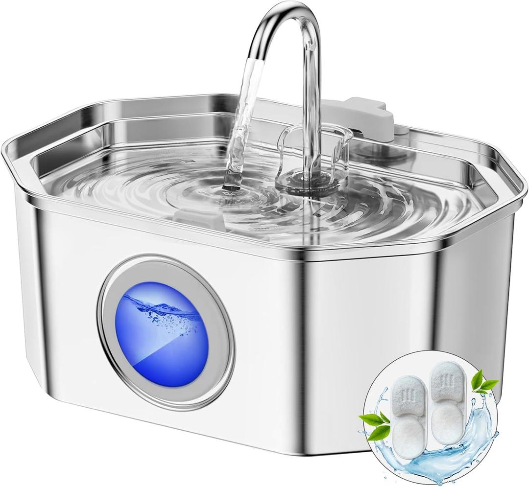 Cat Water Fountain Stainless Steel 108oz/3.2L, APAUK Automatic Pet Fountain Dog Water Dispenser with Water Level Window, Quiet Cat Fountain for Drinking, Inside with Replacement(2 Filters&2 Sponges) (Silver)