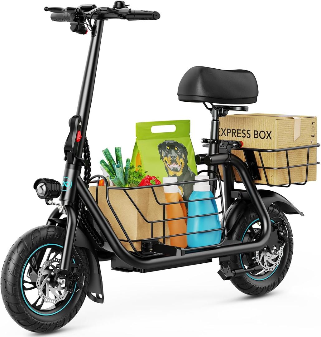 Gyroor Adults Electric Scooter with Large Middle Basket, 300W Motor 15.5 MPH 20 Mile Distance, Foldable E-Scooter with seat for Pets & Cargo