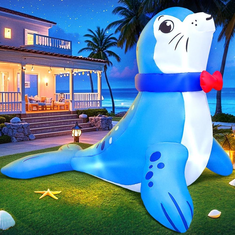 7 FT Seal Inflatable Decoration, Spring Inflatable Blow Up Animal Decorations Built LED Lights for Outdoor Yard Farm Lawn Holiday Garden Birthday Party