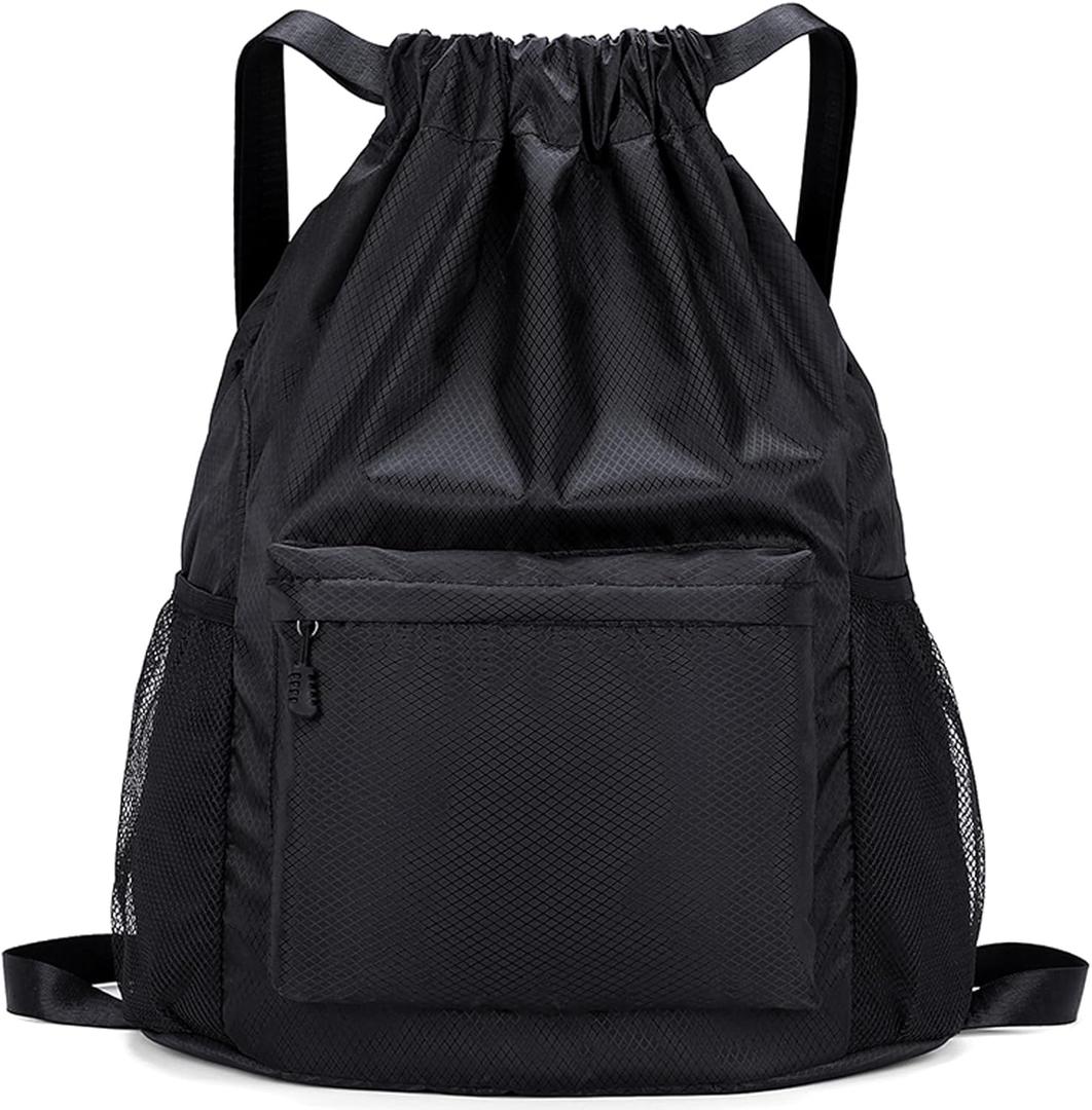 Drawstring Backpack, Gym Bag with Water Bottle Pocket, Drawstring Sackpack, Waterproof String Backpack for Soccer, Basketball, Swim for Women Men (Black)
