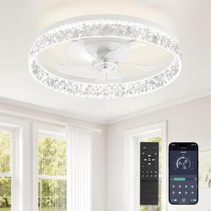 LEDIARY 22 Inch Ceiling Fans with Lights and Remote, Fandelier Low Profile Ceiling Fan, 3000K-6000K Dimmable Flush Mount LED Fan Light, White Modern Ceiling Fans with Lights for Bedroom