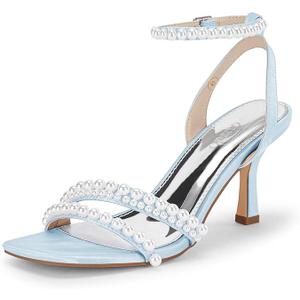 Coutgo Womens Pearl Kitten Heels Sandals Square Open Toe Dress Sandals Ankle Strap Satin Wedding Party Summer Sandals, Sky Blue, size 9.5 Coutgo Womens Pearl Kitten Heels Sandals Square Open Toe Dress Sandals Ankle Strap Satin Wedding Party Summer Sandals, Sky Blue, size 9.5