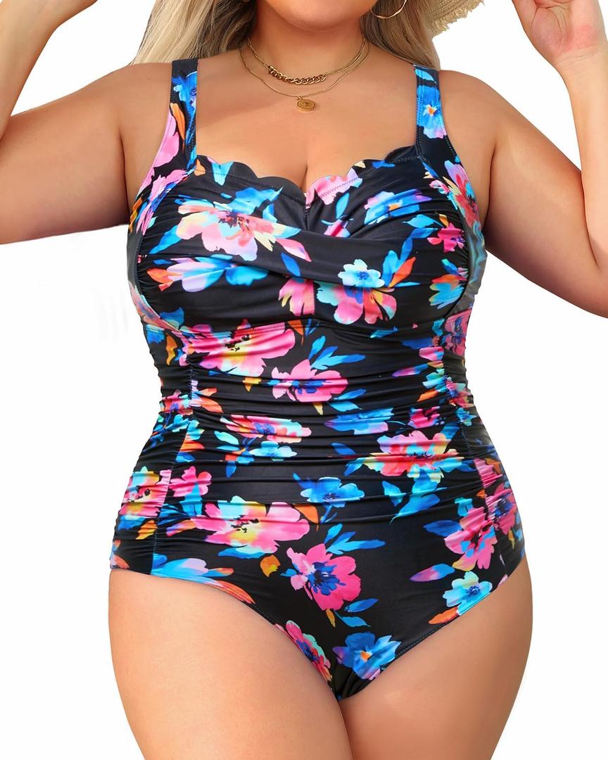 Aqua Eve Womens Plus Size One Piece Swimsuit- Tummy Control Bathing Suit Full Coverage Swimwear (14 Plus, Black Colorful Floral)