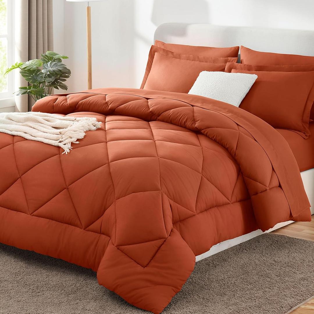 CozyLux King Size Comforter Set Burnt Orange - 7 Pieces Bed in a Bag King, Luxury Soft Bed Set for All Seasons, Bedding Set with Down Alternative Comforter, Sheets, Pillowcases & Shams, Terracotta