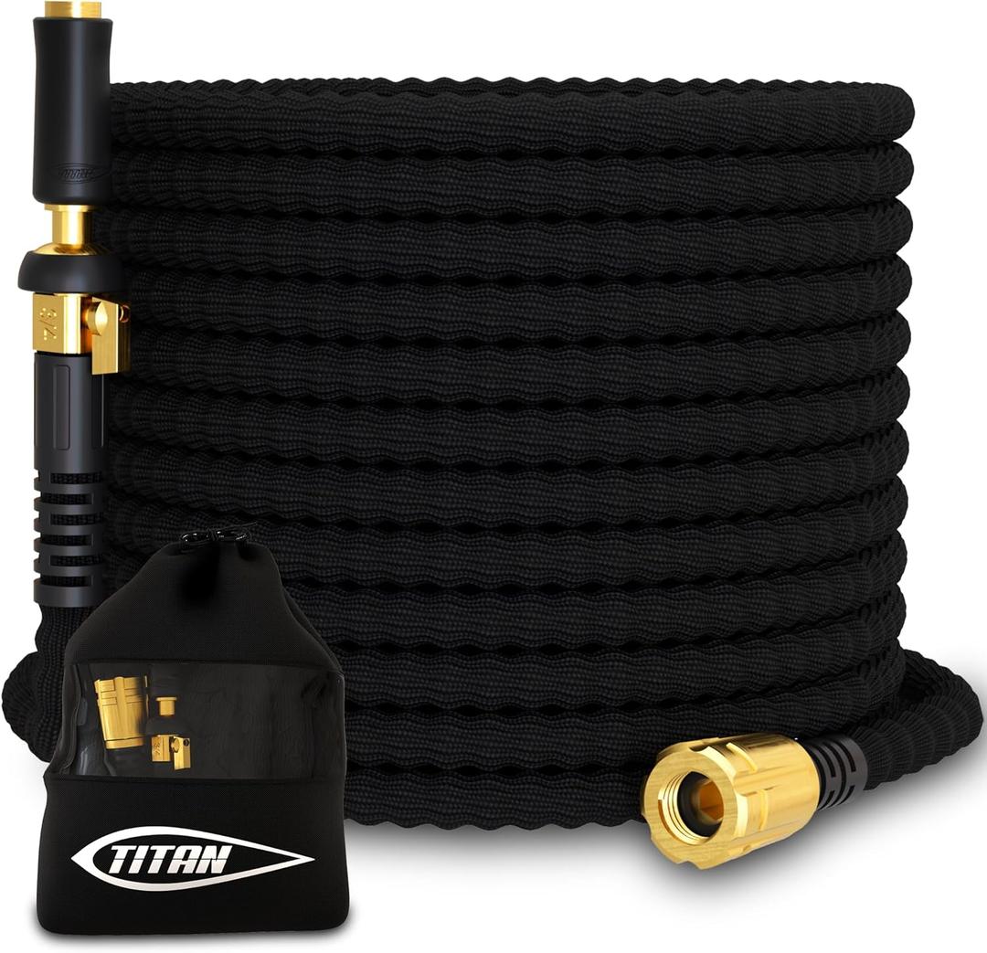 TITAN Garden Hose 50FT | NON-EXPANDING Durable, Flexible, Ultra Lightweight, Extra Strength Fabric Hybrid Water Hose, Heavy Duty Brass Connectors, With Jet Nozzle For Home, Marine, RV (Black)