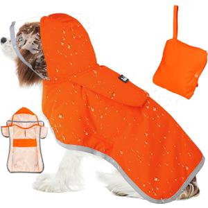 SlowTon Dog Raincoat, Adjustable Dog Rain Jacket Clear Hooded Double Layer, Waterproof Poncho with Reflective Strip Straps and Storage Pocket for Small Medium Large Dogs Puppies(Orange, M)