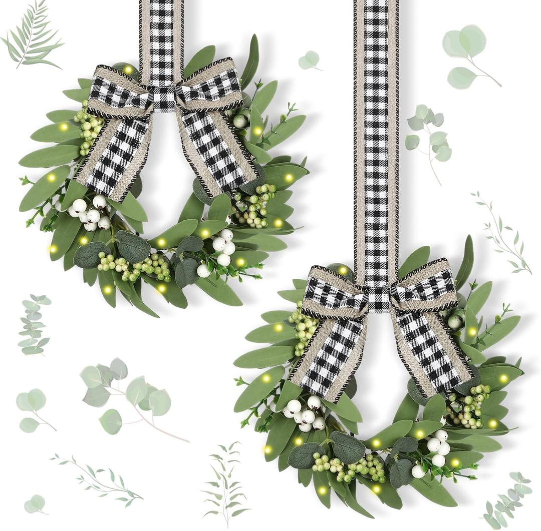 Thiccywoov 2 Pack 9'' Lighted Mini Wreath for Cabinet Small Candleholder Greenery Eucalyptus Wreath with Ribbon for Chandelier Kitchen Porch Wall Window Home Indoor Outdoor Summer Vintage Decor