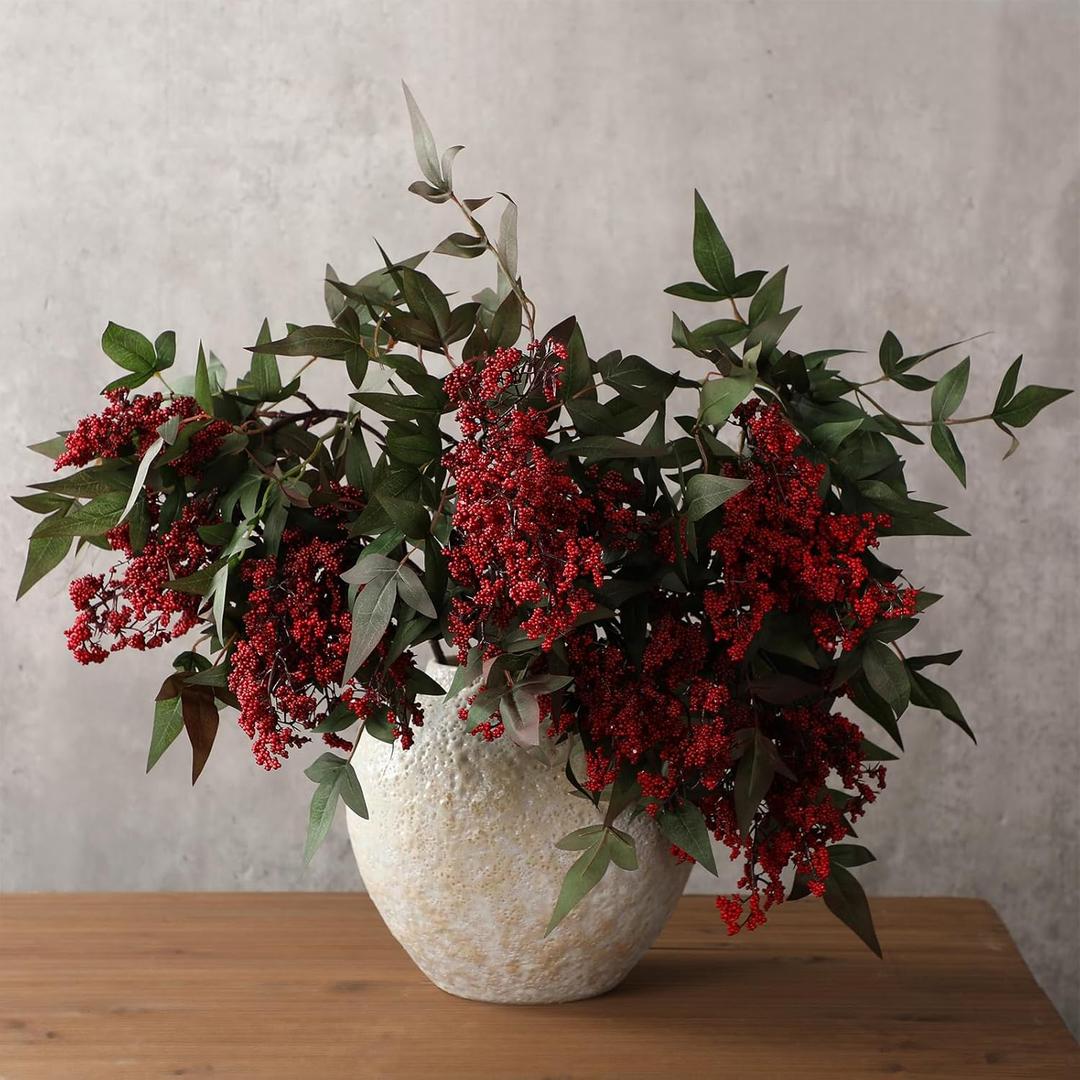 Zeyune 3 Pcs Artificial Red Berry Stem Spring Faux Flowers Picks Branches Fake Realistic Sedum Stem Spray for Wedding Holiday Seasonal Farmhouse Mantel Harvest DIY Home Decorations(35 Inch) (Burgundy)