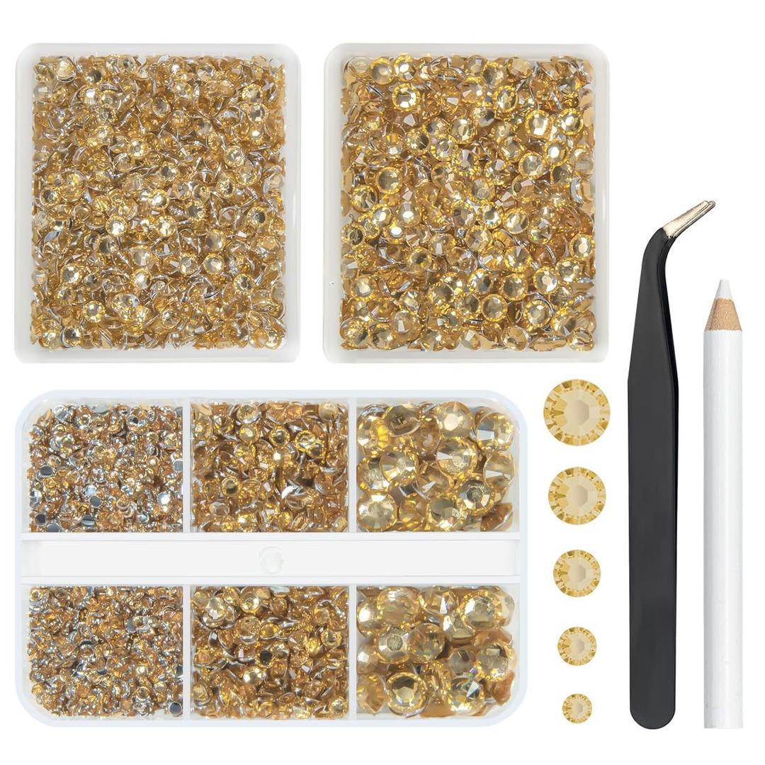 qiipii 3 Boxes 5070PCS Champagne Golden Resin Crystal Rhinestones 2mm 3mm 4mm 5mm 6mm Flatback Stones Gems Crystals Diamonds for Nails Face Eyes Makeup Body Tumblers Bottles DIY Crafts Clothes Shoes
