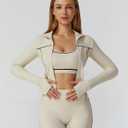 3 Piece Women Workout Set Sports Bra Tank Zip Jacket High Waist Leggings Casual Yoga Gym Outfit Athletic Clothing Sets (Beige, M)