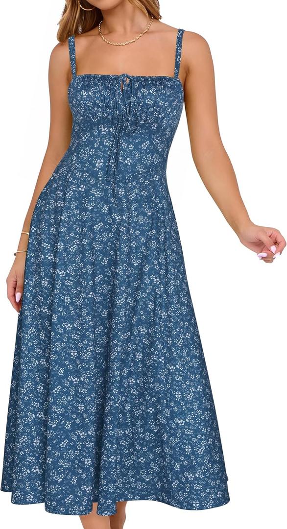 YATHON Women's Summer Midi Corset Boho Dresses Fall Casual Floral Spaghetti Straps Lace Up Dress Flowy Aline Beach Sundress (Blue White F 05, S)