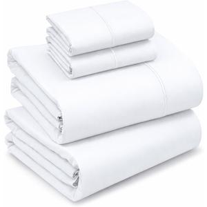 RUVANTI 100% Cotton Sheets Queen Size Percale Bedding, Cooling & Breathable, Durable with a Crisp, Soft & Comfortable Feel, 16" Deep Pocket, 4-Piece Set, Bright White