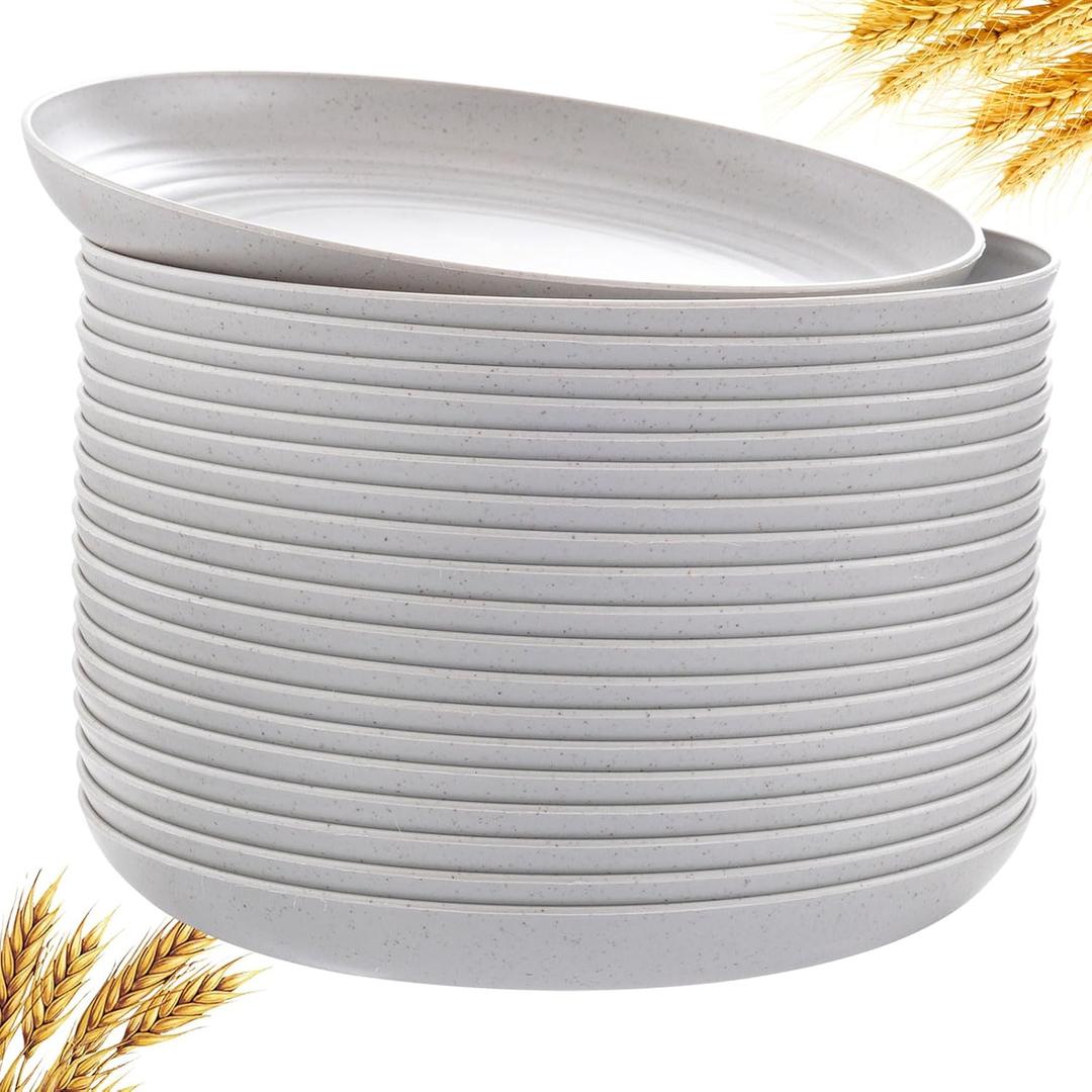 LIYH 20 Pcs Wheat Straw Plates - 9 Inch Unbreakable Dinner Plates - Dishwasher Safe Plastic Plate Reusable - Lightweight Plate for Kitchen Camping (Light Grey)