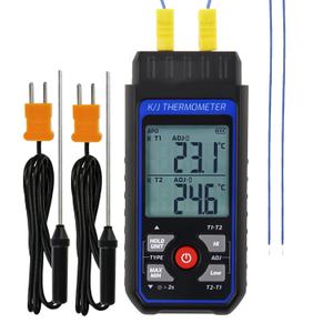 Dual-Channel K/J Thermocouple Thermometer with 4 K-Type Thermocouples -328F ~ 2501F Measurement Range HVAC Temperature Meter Gauge with Data Hold, MAX/MIN/AVG, Hi/Lo Backlit Alarm, ADJ Compensation