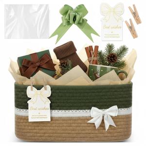 Christmas Thanksgiving Small Woven Gift Basket for Nursery Room with Tissue Paper, Wooden Clips, Greeting Card, Empty Bow Basket for Birthday Wedding, 12 x 8 x 6 Inches(Green)