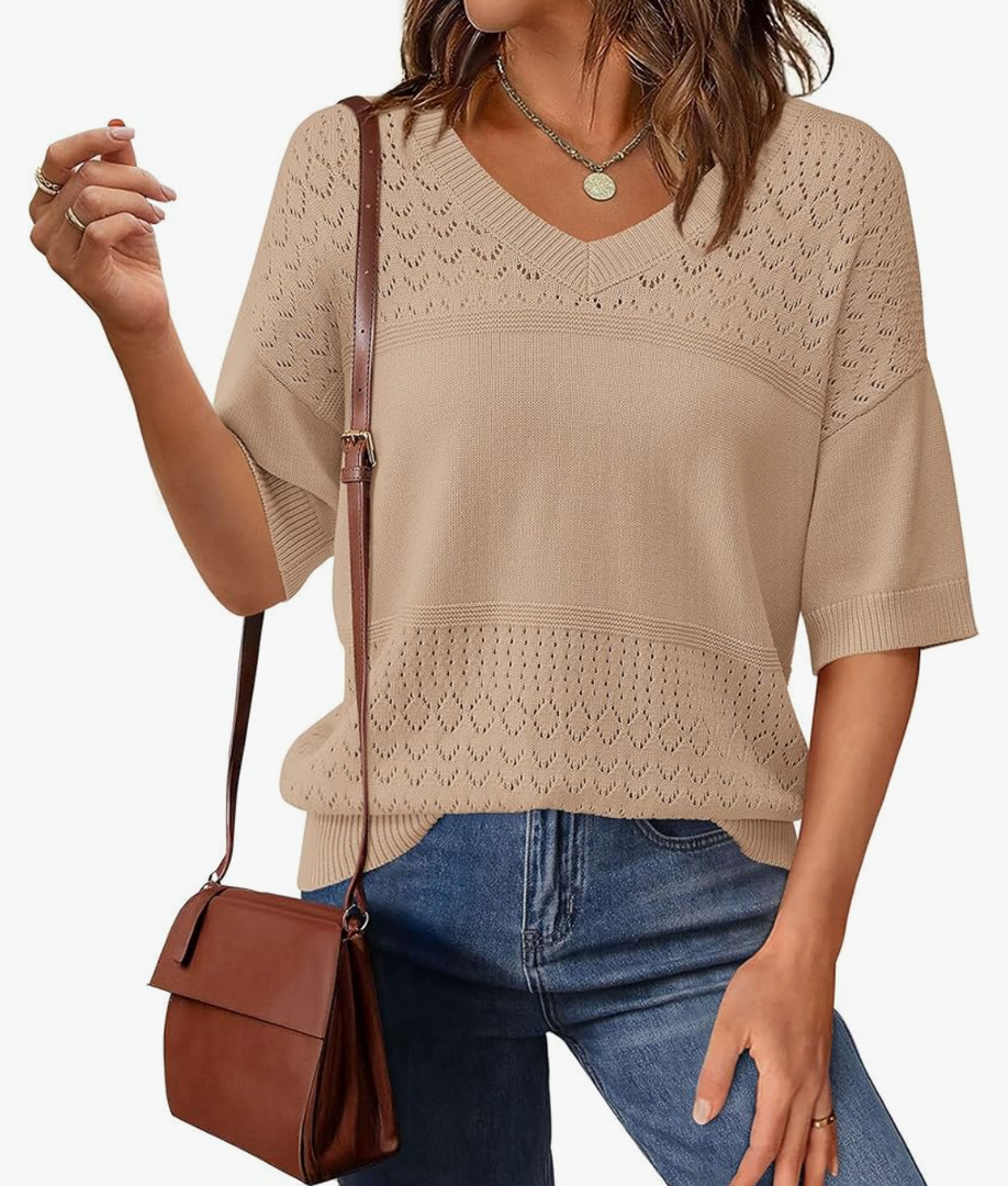 PRETTYGARDEN Women's Short Sleeve Sweater Tops 2025 Spring Summer Casual V Neck Ribbed Knit Trendy Eyelet Blouse T Shirts (Dark Apricot, Medium)