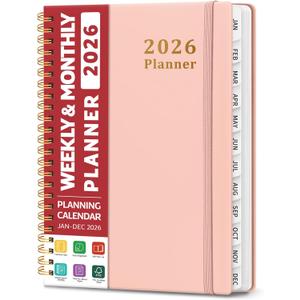 2026 Planner, Weekly and Monthly Calendar Planner, January 2026 - December 2026, Hardcover 2026 Calendar Planner Book with Tabs For Women & Men, Inner Pocket, Spiral Bound, Perfect for Office Home School Supplies - A5 (6.3" x 8.5"), Pink