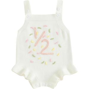 Baby Girl Half 1st Birthday Outfit Sleeveless Knit Sweater Onesie Embroidery Romper Infant Cake Smash Outfit (6-12 Months)