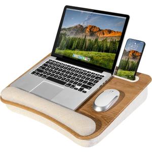 LAPGEAR Portable Laptop Lap Desk with Pillow Cushion, Anti-Slip Strip, Tablet or Phone Storage Slot, Pen and Pencil Pocket, and Wrist Rest - White Oak Woodgrain - Fits 15.6" Laptops - Style No. 91349