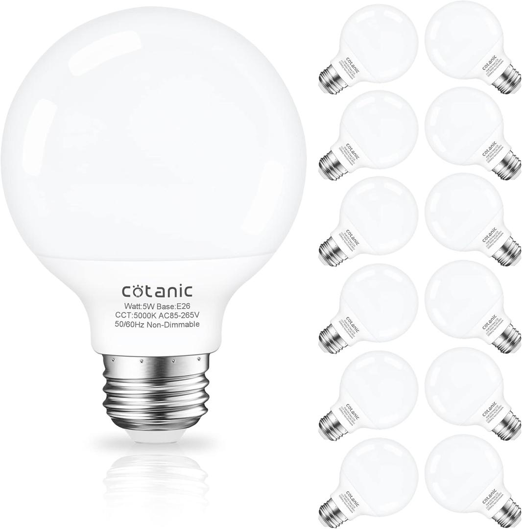 12 Pack Bathroom G25 Vanity Light Bulb, Cotanic 5000K Daylight LED Globe Light Bulbs, E26 Standard Base, 5W(60 Watt Equivalent Incandescent Replacement), 500LM, Non-Dimmable