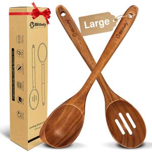 Large Wooden Spoons for Cooking, 2Pack Natural Teak Wood Cooking Spoon Set, Non-Stick Slotted and Corner Spoon, Heat-Resistant Wooden Spatula Spoon for Serving and Mixing