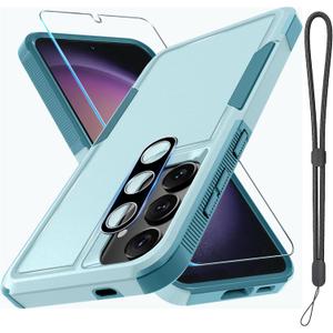 Case for Samsung Galaxy S25, Full Body Heavy Duty Rugged Shockproof Protective Phone Cover with Lanyard Strap, Tempered Glass Screen Protector and Camera Lens Cover, Mint Green