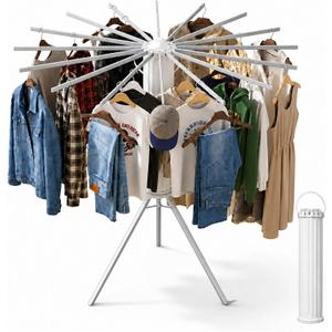 Clothes Drying Rack Foldable, Portable Laundry Drying Rack for Clothes with 16 Aluminum Rods & 48 Windproof Slots, Collapsible Tripod Dry Rack for Apartment, RV, Balcony