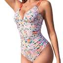 ZAFUL Women's Cute One Piece Swimsuit Tummy Control Slimming Swimwear Floral Double-Strap Back Cut Out Bathing Suit (Large)