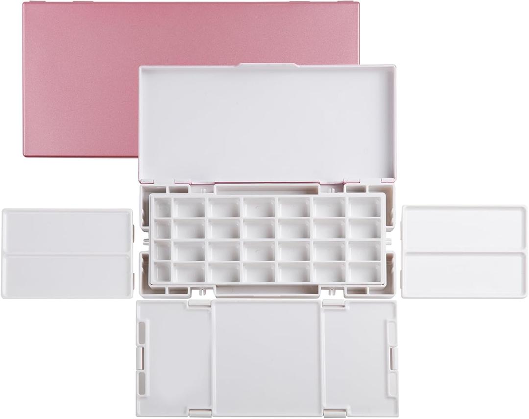 Empty Watercolor Palette for Travel - 28 Wells Airtght Wet Pallet with Lid and 4 Mixing Trays - Water Based Paints Organizer for Plein Air Water Color Acrylic Gouache Stay Wet (Pink)