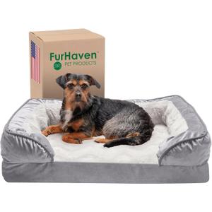 Furhaven Memory Foam Dog Bed for Medium/Small Dogs w/ Removable Bolsters & Washable Cover, For Dogs Up to 35 lbs - Plush & Velvet Waves Perfect Comfort Sofa - Granite Gray, Medium (30.0"L x 20.0"W x 6.5"Th)