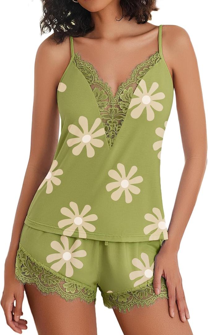 Avidlove Women Pajama Lace Trim V Neck Sleeveless Sleepwear Nightwear XXL, Floral Green