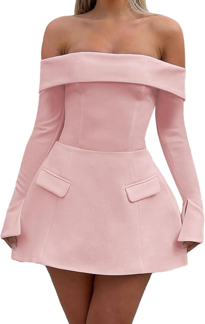 ABYOVRT Women Sexy Mini Dress Off Shoulder Long Sleeve A Line Dress Short Formal Dresses Party Clubwear (Pink, L)