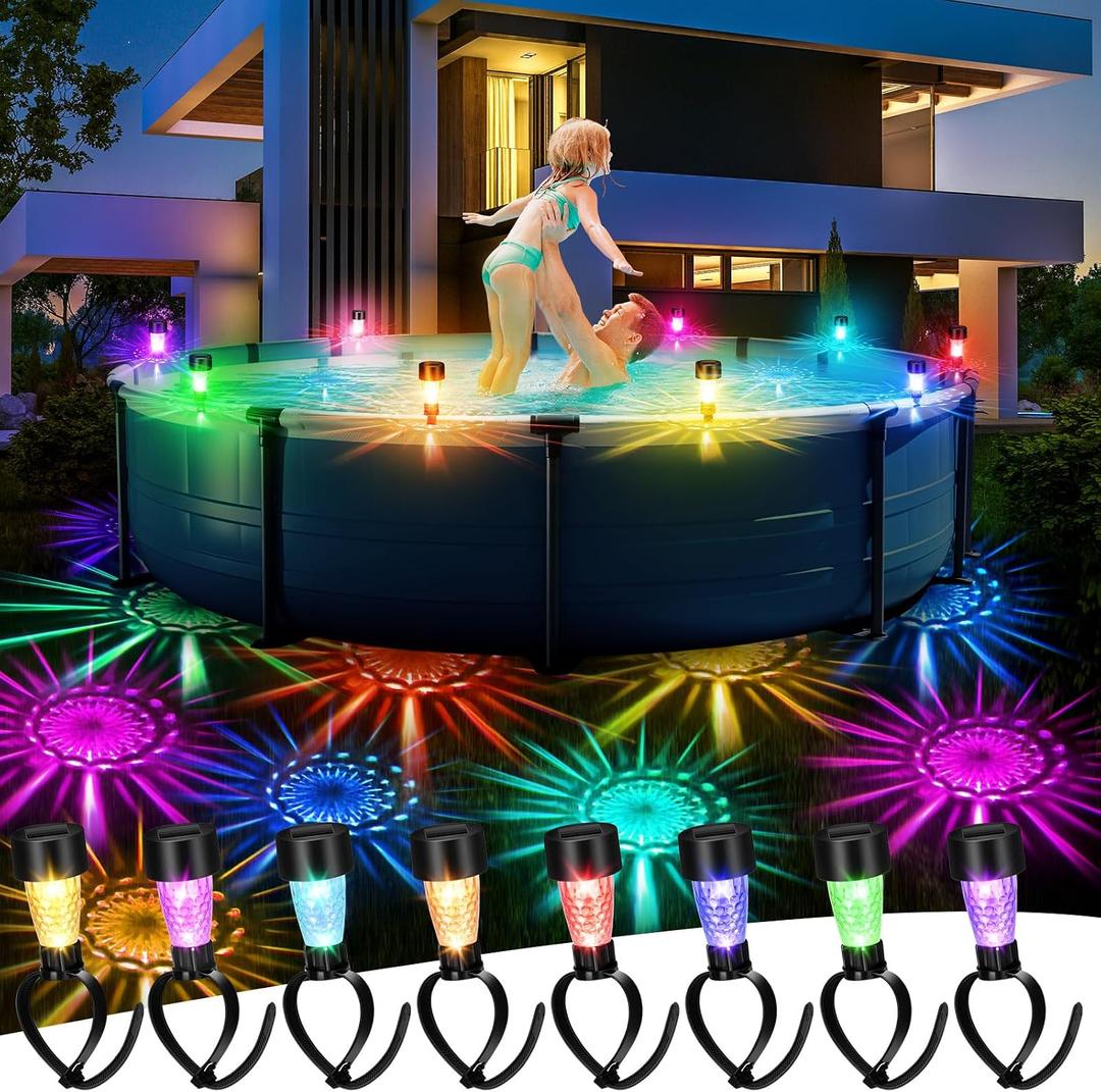 Baquler 8 Pcs Pool Solar Charging Lights for Framed Above Ground Pools Waterproof Solar Charging Light Outdoor Swimming Pools Fence Decorations Pool Accessories Night Lights