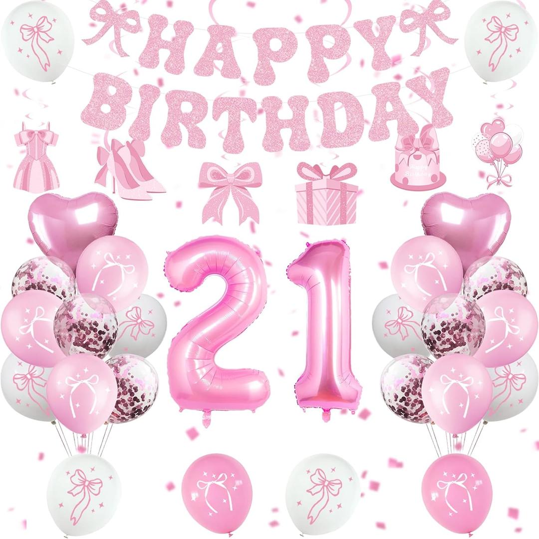 21st Birthday Decorations for Women, Pink Bow Coquette 21 Birthday Balloons Set,33 Pieces, Includes Banner, Hanging Swirls, Balloons, Perfect for Women's Party