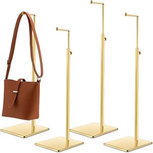 Maitys 4 Pack Purse Display Stands, Adjustable Height Handbag Display Stand Metal Bag Display Rack Handbag Stand Holder Single Hanging Hook Bag Stand for Boutique Store (Gold)