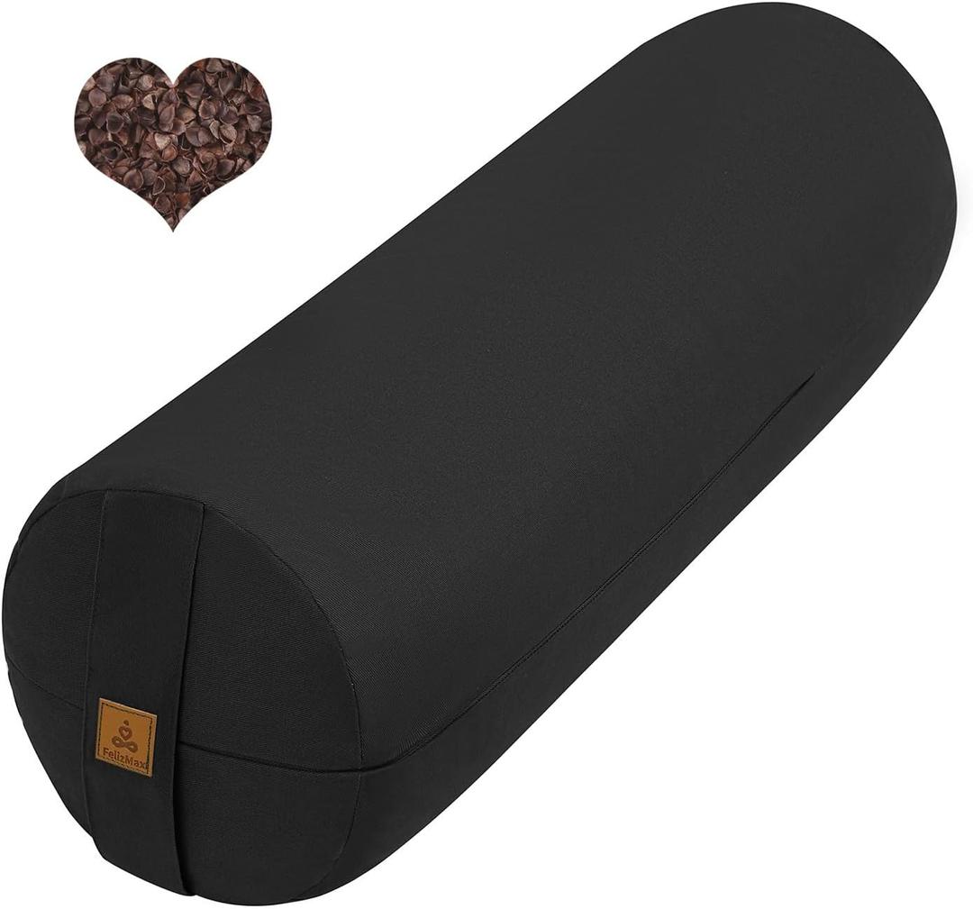FelizMax Organic Buckwheat Bolster (24x9 in) Supportive Yoga Cushion for Restorative Yoga Accessories, Meditation, Reading & Floor Pillow - Large Round Cylinder (Black)