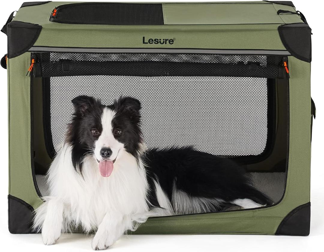 Lesure Soft Collapsible Dog Crate - 36 Inch Portable Travel Crate for Large Dogs Indoor & Outdoor, 4-Door Foldable Pet Kennel with Mesh Windows, Green