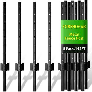 Metal Fence Post 3 Feet Black, Pack of 8, T Posts for Wire Fence, No Dig Steel U Posts Fencing for Lawn Garden Wire Mesh Fence Poles Sign Outdoor Light Duty