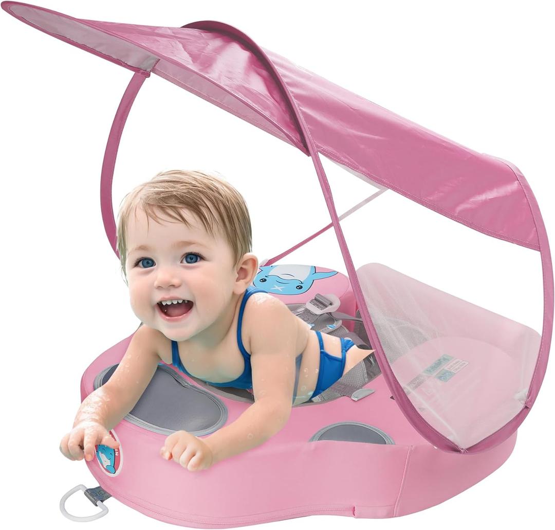 Baby Swim Float with UV Protection Sunshade Infant Pool Float Add Tail for 3-24 Months (Pink)
