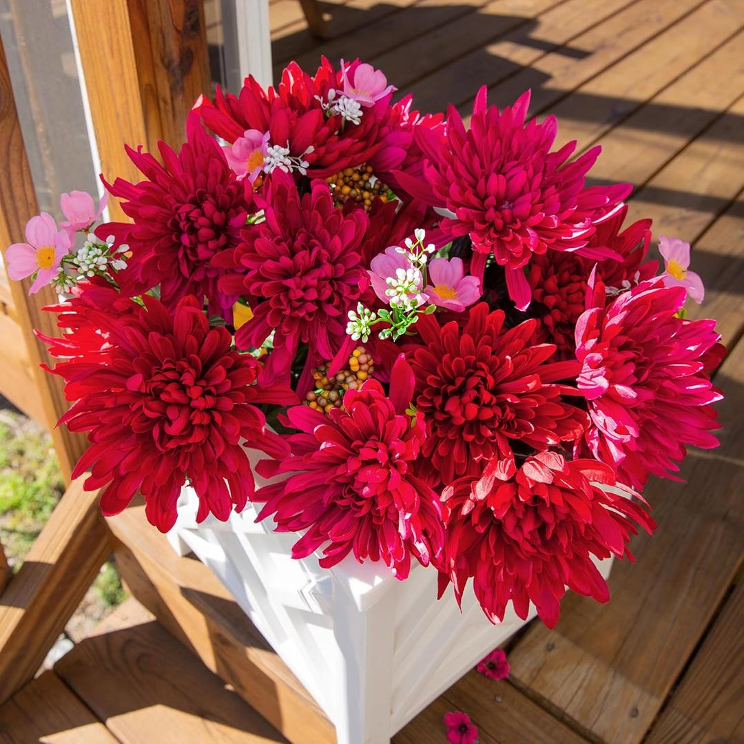 Ivydale 2 Bundles Artificial Fake Silk Chrysanthemum Flowers Bouquets Faux Flower with Long Stems, Autumn Bouquet Flowers Wedding Party Home Decor(Not Included a Pot (Red))