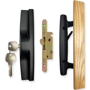 Sliding Patio Door Handle Set with Mortise Lock, Key Cylinder and Face Plate, Wood Handle Lock Set Fits Door Thickness from 1-1/2" to 1-3/4", 3-15/16" Screw Hole Spacing, Black
