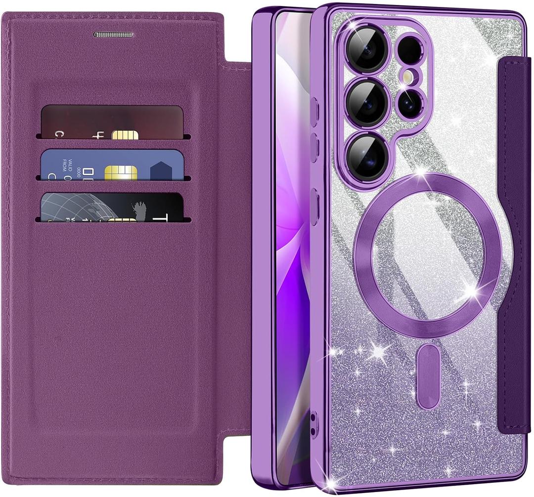 for Samsung Galaxy S25 Ultra Case Compatible with Magsafe Slim Fit Flip Protective PU Leather Wallet Case with RFID Blocking Card Slot Build-in Len Protector for Galaxy S25 Ultra,Violet