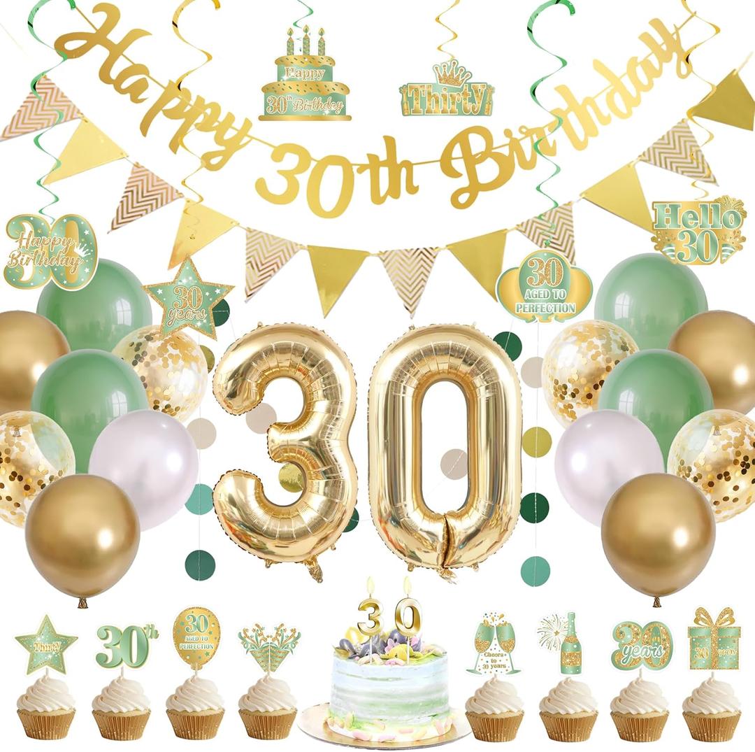 Holkcog 30th Birthday Decorations for Women, Gold Happy 30th Birthday Banner, Cake Topper Number Gold 30 Foil Balloons Candle, Sage Green White Balloons for 30 years old Party Decor(38pcs)