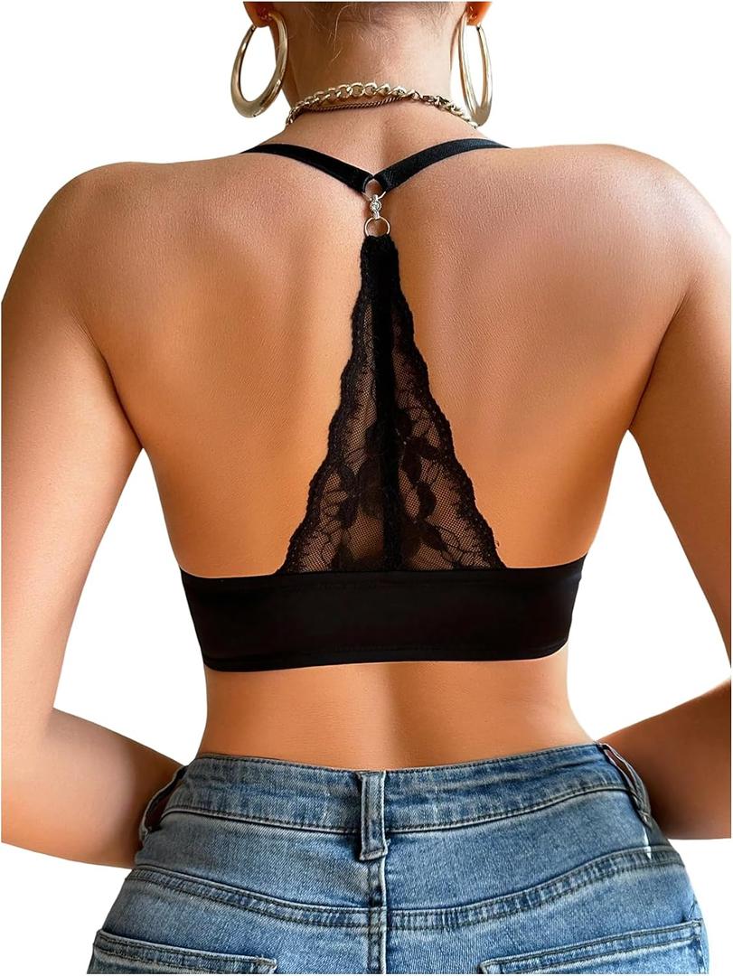 SweatyRocks Women's Push Up Bra Racerback Front Closure Bras Lace Bralette | Padded, Cleavage, Front Clasp Bras, Everyday Bras, Sexy Bralettes, Plunge Underwire Lace T Back Bras (Black), Large