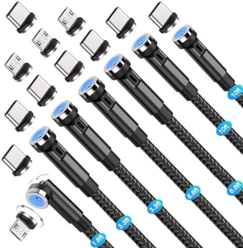 Bojianxin 540° Rotation 3 in 1 Magnetic Charging Cable (7-Pack, 1.6ft/3.3ft/6.6ft/6.6ft/10ft/10ft, Magnet Phone Charger Compatible with Micro USB, Type C Device, black, (NEW-7PACK)