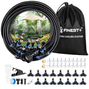 Misting Cooling System 33FT(10M)+Extra 16.4FT(5m),15 T-Joints+17 Misting Nozzles,Anti-UV Tube,a Adapter(3/4"),A Storage Bag,Outdoor Misting Cooling System Garden Greenhouse Courtyard Trampoline