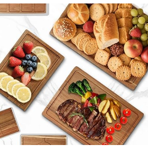 Acacia Cutting Board Set of 3 with Holder, Solid Acacia Wood Chopping Boards, Thick Kitchen Cutting Boards, Serving Boards for Meat, Vegetables and Fruits