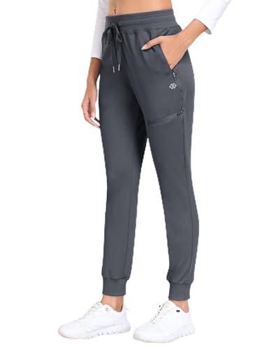 MoFiz Women's Fleece Lined Jogger Pants Thermal Hiking Pants Water Resistant High Waist Travel Winter Ski Running Sweatpants Zipper Pockets Dark Grey, Size: M