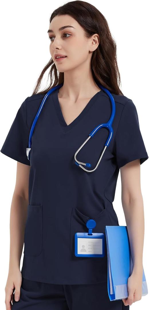 QBK Yoga Scrub Top for Women V Neck Shirt with 2 Pockets, Comfort Soft Stretch, Easy Care (Large)